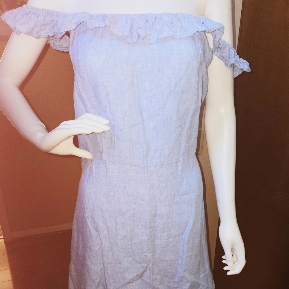 100% Linen Blue Ruffle Dress - Picture 2 of 7